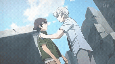 Two Anime Characters Are Standing Next To Each Other And One Of Them Is Holding Another Man 'S Arm GIF