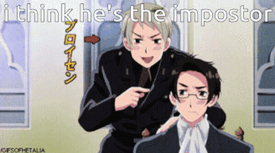 Two Anime Characters Are Standing Next To Each Other And One Of Them Is Pointing At The Other And Says I Think He 'S The GIF