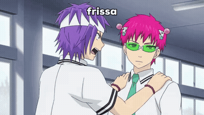 Two Anime Characters Are Standing Next To Each Other And The Word Frissa Is On The Bottom GIF