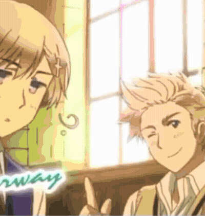 Two Anime Characters Are Standing Next To Each Other And The Word Norway Is On The Bottom GIF