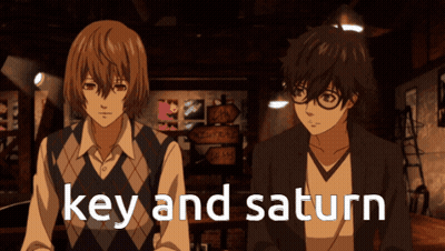 Two Anime Characters Are Standing Next To Each Other And The Words Key And Saturn Are On The Bottom GIF