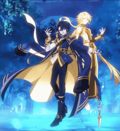 Two Anime Characters Are Standing Next To Each Other In A Dark Forest GIF