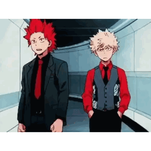 Two Anime Characters Are Standing Next To Each Other In A Hallway . One Of The Characters Is Wearing A Suit And Tie . Sticker