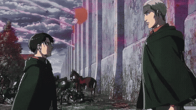 Two Anime Characters Are Standing Next To Each Other In Front Of A Large Wall GIF