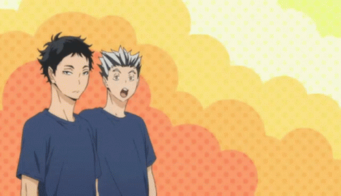 Two Anime Characters Are Standing Next To Each Other On A Yellow Background GIF