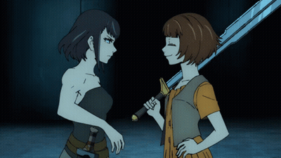 Two Anime Characters Are Standing Next To Each Other One Holding A Sword GIF