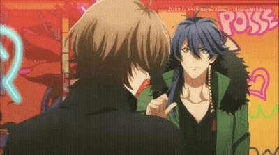 Two Anime Characters Are Standing Next To Each Other With A Sign That Says Poss In The Background GIF