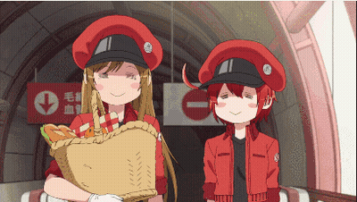 Two Anime Characters Are Standing Next To Each Other With One Holding A Basket GIF