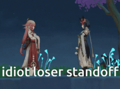 Two Anime Characters Are Standing Next To Each Other With The Words Idiot Loser Standoff Written In White GIF