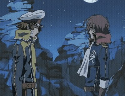 Two Anime Characters Are Standing Next To Each Other With The Words " Why Don 'T You Join Me For A Drink " GIF