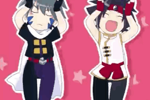 Two Anime Characters Are Standing Next To Each Other With Their Arms In The Air . GIF