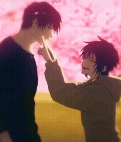 Two Anime Characters Are Touching Each Other 'S Faces With Cherry Blossoms In The Background GIF