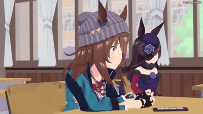 Two Anime Characters At Table, One Wearing Horse Hat GIF