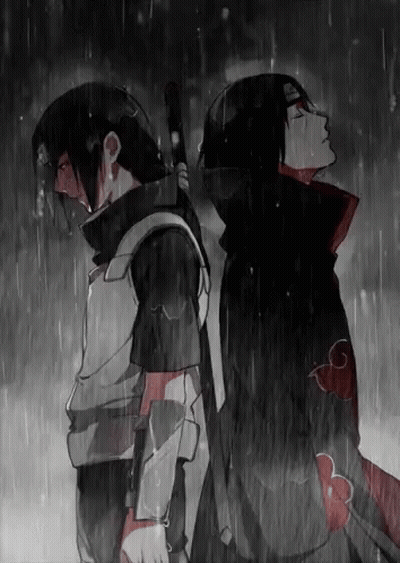 Two Anime Characters Back To Back In Rain One Holding Sword GIF
