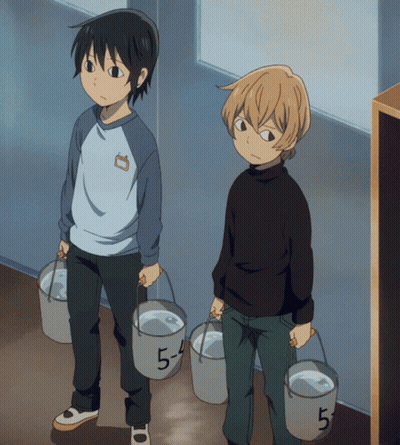 Two Anime Characters Carrying Buckets Of Water With The Number 5 On Them GIF