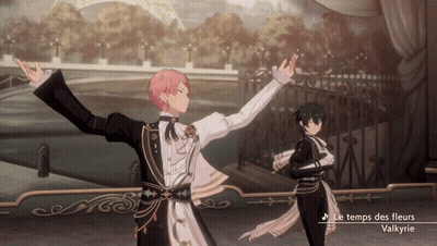 Two Anime Characters Dancing In Front Of Le Temps Des Fleurs Sign GIF