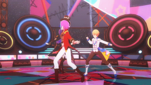 Two Anime Characters Dancing On Stage With Speakers GIF
