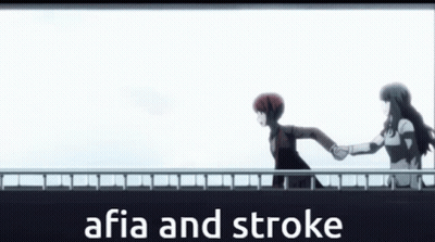 Two Anime Characters Holding Hands With The Words " Afia And Stroke " In The Background GIF