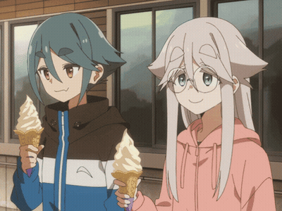 Two Anime Characters Holding Ice Cream Cones In Front Of Building GIF