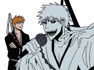 Two Anime Characters Holding Microphone And Sword GIF