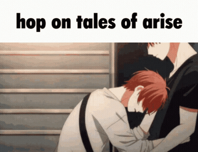 Two Anime Characters Hugging Hop On Tales Of Arise GIF