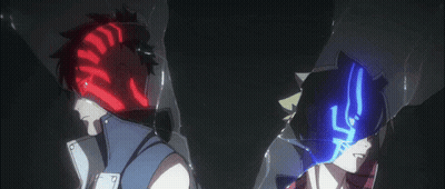 Two Anime Characters In Dark Room With Glowing Eyes GIF