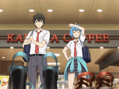 Two Anime Characters In Front Of Coffee Shop GIF