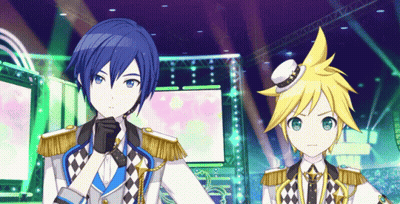 Two Anime Characters In Front Of Stage GIF