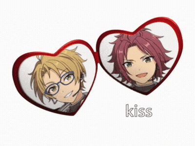 Two Anime Characters In Heart Shaped Frames With Kiss Written Below Them GIF