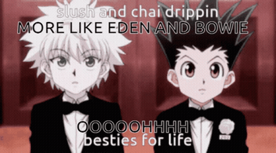 Two Anime Characters In Tuxedos Slush And Chai Drippin More Like Eden And Bowie Oooohhhh Besties For Li GIF