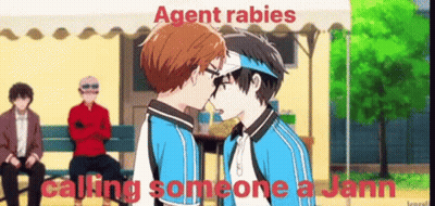 Two Anime Characters Kissing In Front Of Crowd GIF