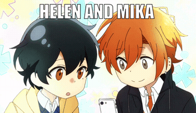 Two Anime Characters Looking At Cell Phone With Helen And Mika GIF