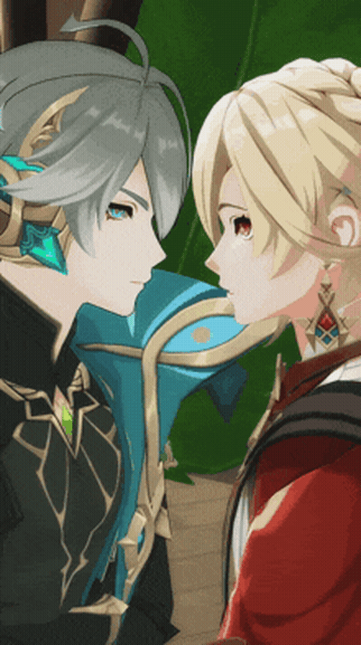 Two Anime Characters Looking At Each Other One In Red Jacket GIF