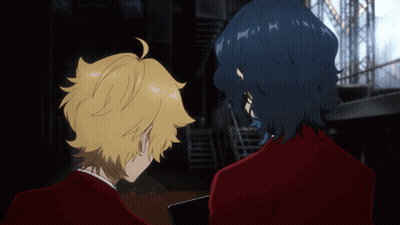 Two Anime Characters Looking At Each Other One With Book GIF