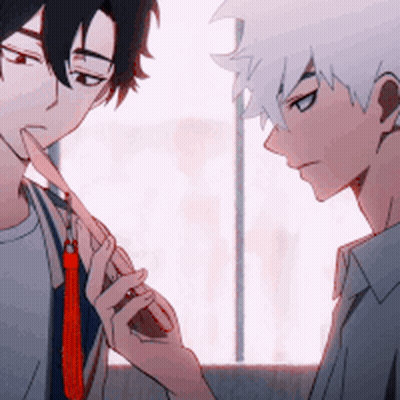 Two Anime Characters Looking At Each Other One With Red Tassel GIF