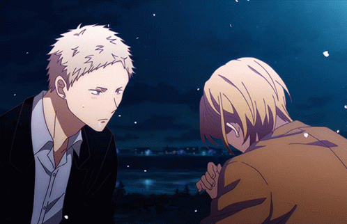 Two Anime Characters Looking At Each Other With A Blue Sky Behind Them GIF