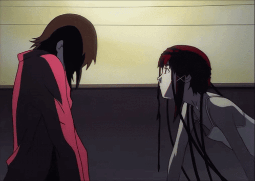 Two Anime Characters Looking At Each Other With One Wearing A Red Jacket GIF