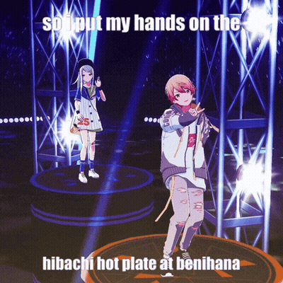 Two Anime Characters On A Stage With A Caption That Says Hibachi Hot Plate At Benihana GIF
