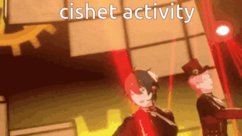 Two Anime Characters On Stage With Words Cishet Activity GIF