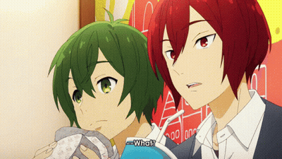 Two Anime Characters One With Green Hair And One With Red Hair Are Standing Next To Each Other And One Of Them Is Asking GIF