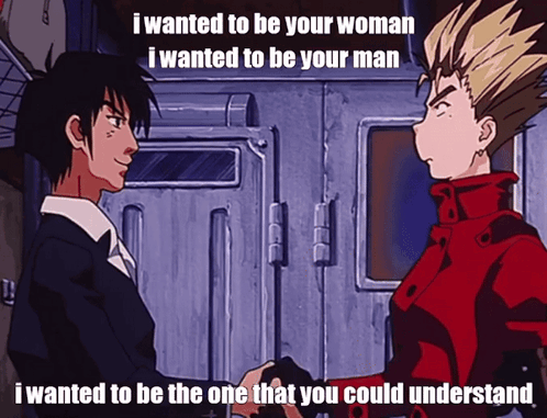 Two Anime Characters Shaking Hands With A Caption That Says I Wanted To Be Your Woman I Wanted To Be Your Man GIF