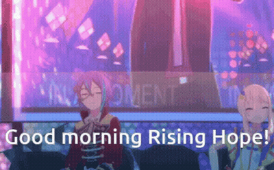 Two Anime Characters Sitting By Good Morning Rising Hope Sign GIF