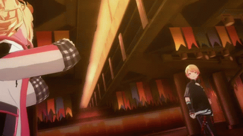 Two Anime Characters Standing In Dark Room With Flags GIF