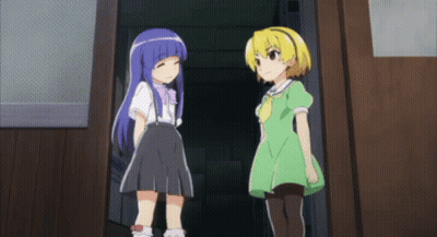 Two Anime Characters Standing In Doorway GIF