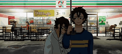 Two Anime Characters Standing In Front Of A 7 Eleven Store GIF