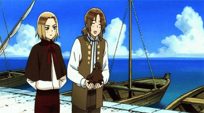 Two Anime Characters Standing Near Boat GIF