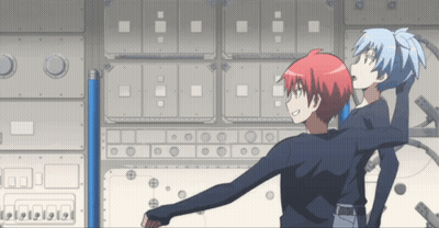 Two Anime Characters Standing Next To Each Other In Front Of A Wall GIF