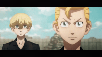 Two Anime Characters Standing Next To Each Other Looking At Camera GIF