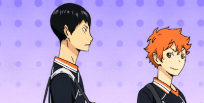 Two Anime Characters Standing Next To Each Other On A Purple Background GIF