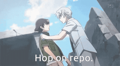 Two Anime Characters Standing Next To Each Other With The Words Hop On Repo Written Below Them GIF